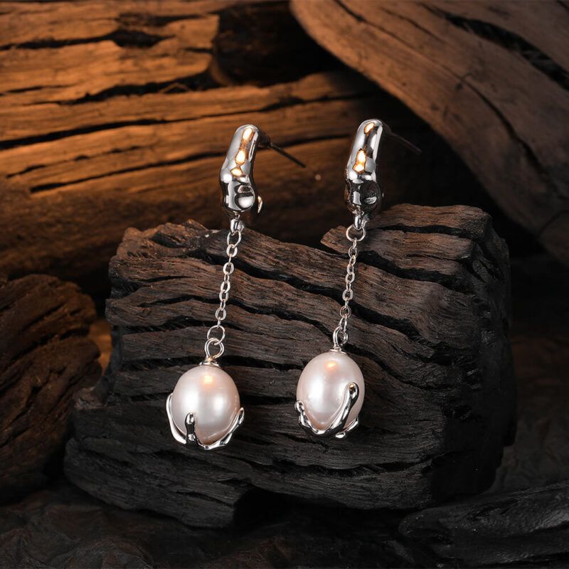 S925 Sterling Silver Geometric Irregular Freshwater Pearl Earrings