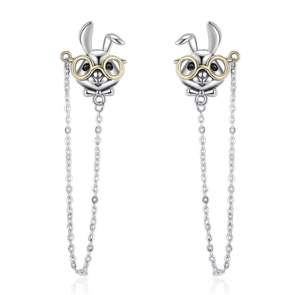 S925 Sterling Silver Gold Glasses Rabbit Chain Earrings