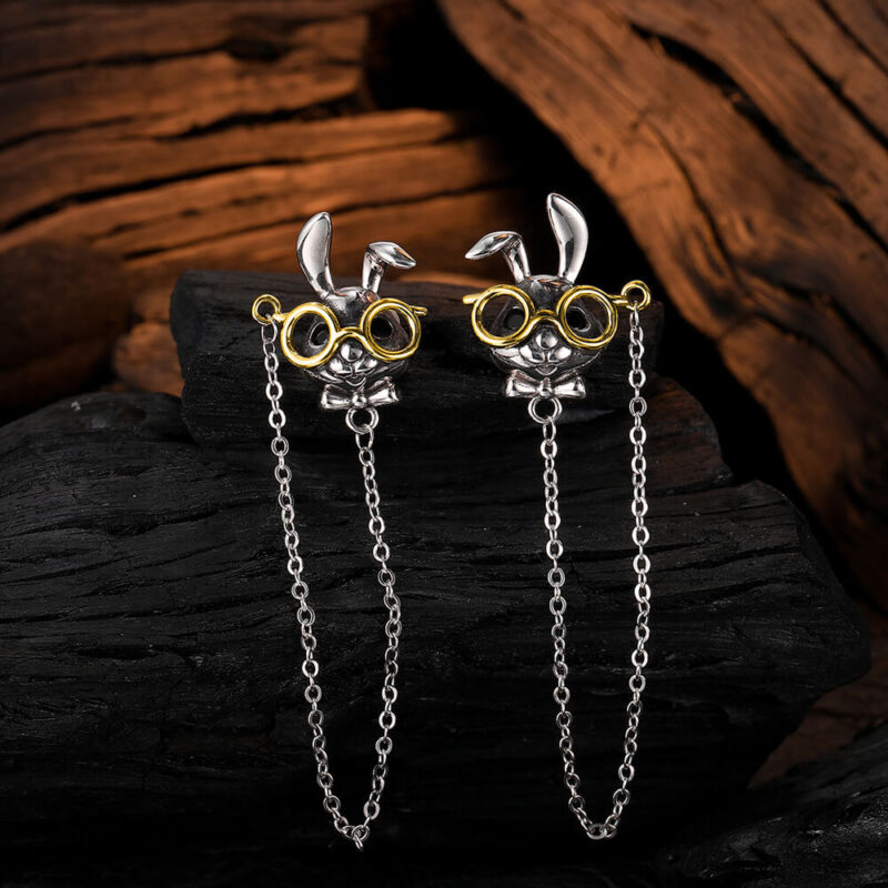 S925 Sterling Silver Gold Glasses Rabbit Chain Earrings