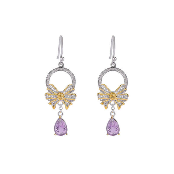 S925 Sterling Silver Gold Plated Amethyst Bow Earrings