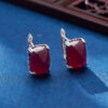 S925 Sterling Silver Simple Square Red Corundum Earrings