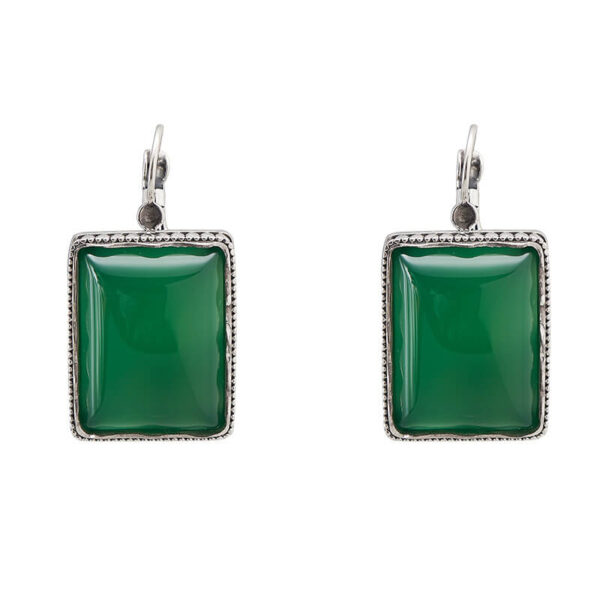 S925 Sterling Silver Geometric Square Green Chalcedony Black Agate Earrings