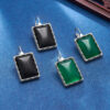 S925 Sterling Silver Geometric Square Green Chalcedony Black Agate Earrings