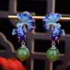 S925 Silver Inlaid Natural Hetian Jade Enamel Fish Earrings