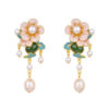 S925 Silver Inlaid Natural Hetian Jade Flower Enamel Pearl Earrings