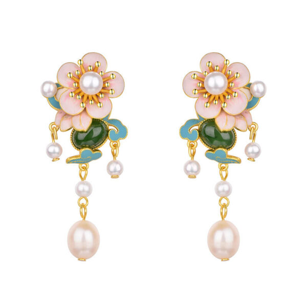 S925 Silver Inlaid Natural Hetian Jade Flower Enamel Pearl Earrings