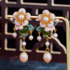 S925 Silver Inlaid Natural Hetian Jade Flower Enamel Pearl Earrings