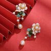 S925 Silver Inlaid Natural Hetian Jade Flower Enamel Pearl Earrings