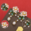 S925 Silver Inlaid Natural Hetian Jade Flower Enamel Pearl Earrings