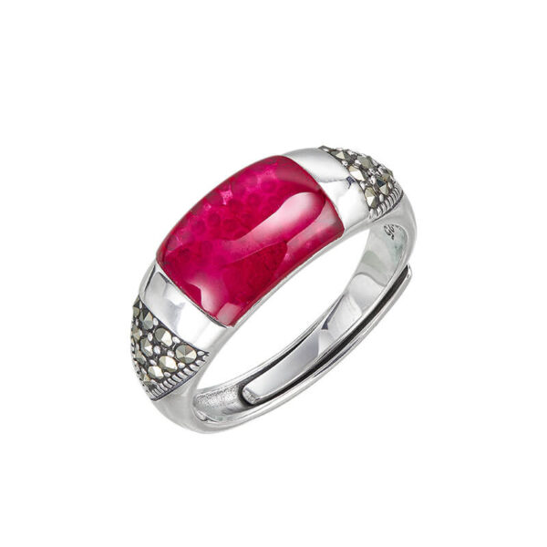 S925 Silver Red Corundum Vintage Open Ring