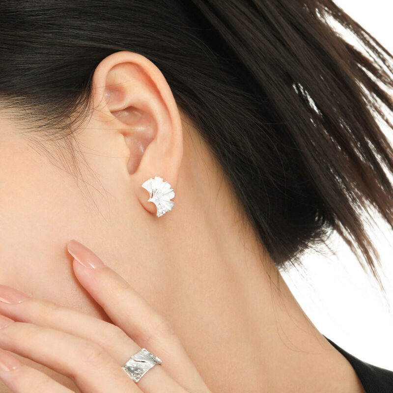 Original S925 Sterling Silver Inlaid Zircon Ginkgo Leaf Stud Earrings