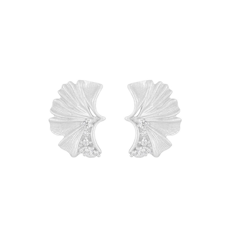 Original S925 Sterling Silver Inlaid Zircon Ginkgo Leaf Stud Earrings