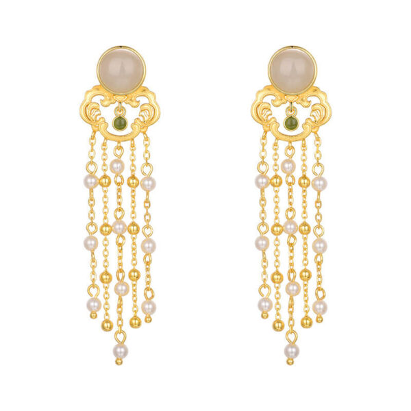 S925 Silver Inlaid Hetian Jade Pearl Tassel Earrings