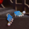 S925 Silver Inlaid Pearl Enamel Wave Stud Earrings