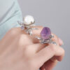 S925 Sterling Silver Butterfly Baroque Pearl Amethyst Open Ring