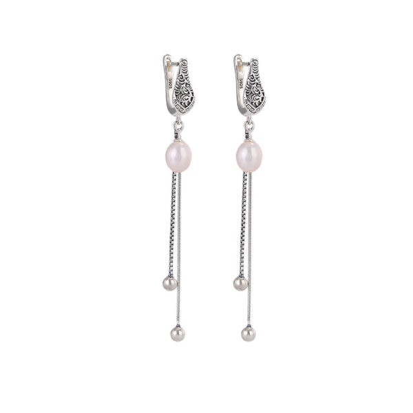 S925 Sterling Silver Freshwater Pearl Retro Tassel Earrings