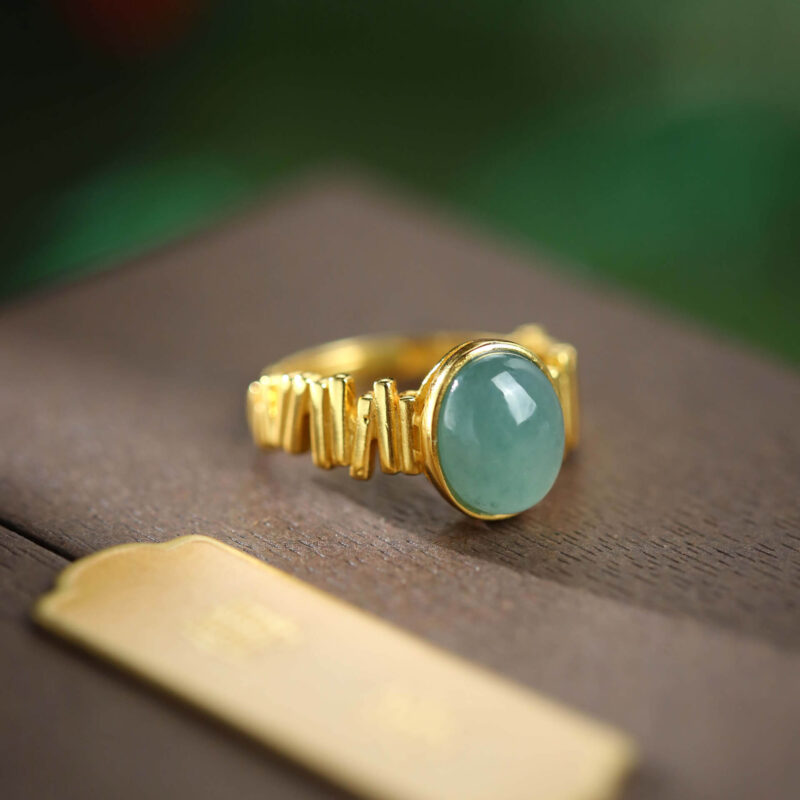 S925 Sterling Silver Gold-plated Inlaid Jade Irregular Retro Open Ring