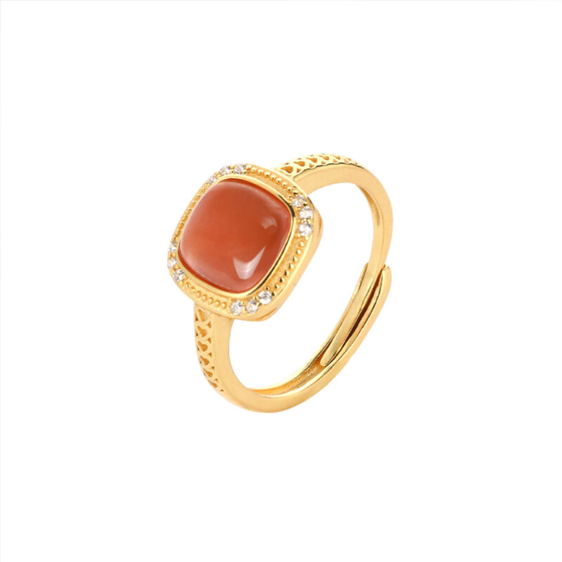 S925 Sterling Silver Gold-plated Inlaid Agate Open Ring