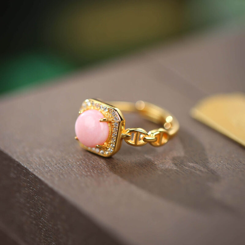 S925 Sterling Silver Gold-plated Inlaid Pink Opal Open Ring