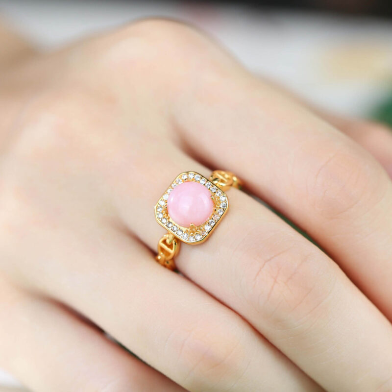 S925 Sterling Silver Gold-plated Inlaid Pink Opal Open Ring