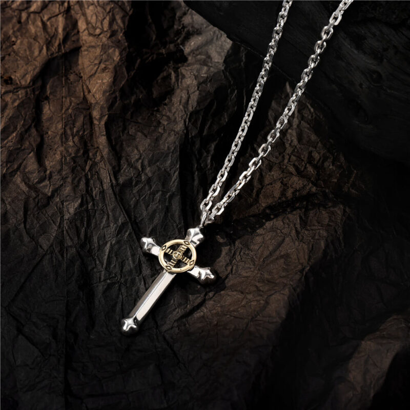 S925 Silver Cross Gold Feather Pendant