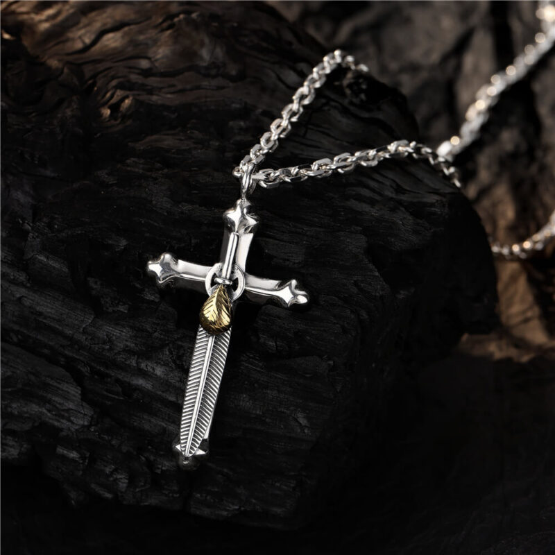 S925 Silver Cross Inlaid Gold Feather Pendant