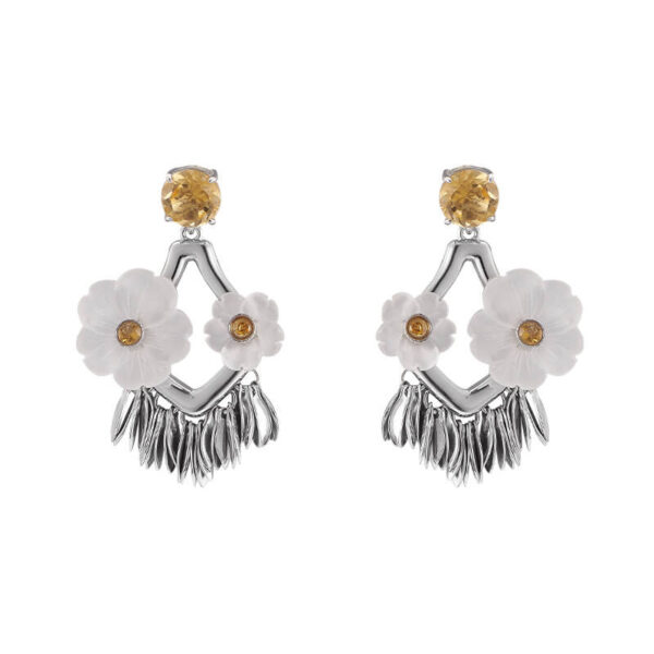 S925 Sterling Silver Double Flower White Crystal Tassel Earrings