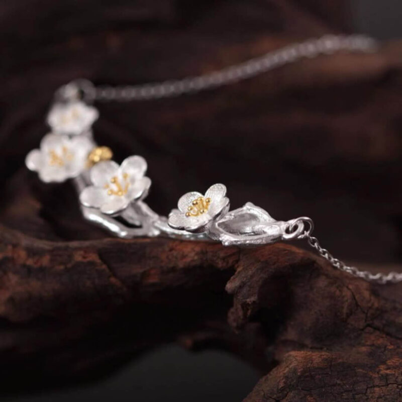 S925 Sterling Silver Retro Branch Crystal Plum Blossom Necklace