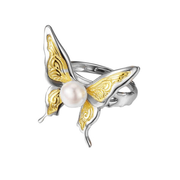 S925 Sterling Silver Texture Butterfly Freshwater Pearl Open Ring