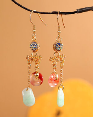 S925 Silver Gold-plated Jade Agate Long Tassel Earrings