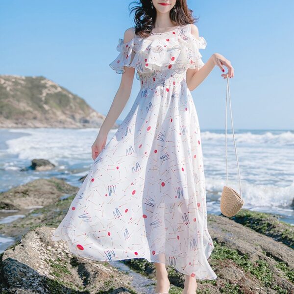 French Off-shoulder Chiffon Floral Beach Dress