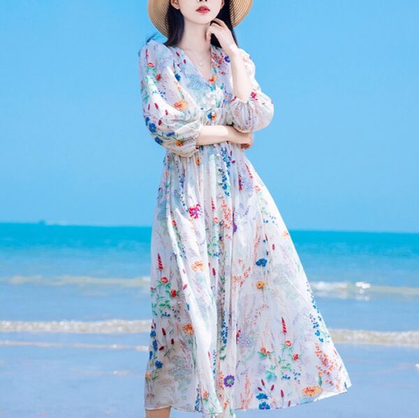 Three-quarter sleeves summer floral beach dress
