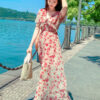 Sweet high-waisted short sleeve V-neck floral long dress