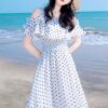 White off-shoulder polka-dot French chiffon dress