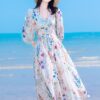 Three-quarter sleeves summer floral beach dress