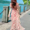 Sweet high-waisted short sleeve V-neck floral long dress