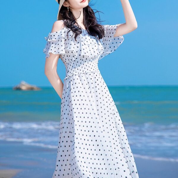 White off-shoulder polka-dot French chiffon dress