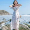 French Off-shoulder Chiffon Floral Beach Dress