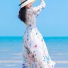 Three-quarter sleeves summer floral beach dress