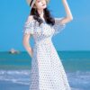 White off-shoulder polka-dot French chiffon dress