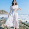 French Off-shoulder Chiffon Floral Beach Dress