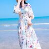 Three-quarter sleeves summer floral beach dress