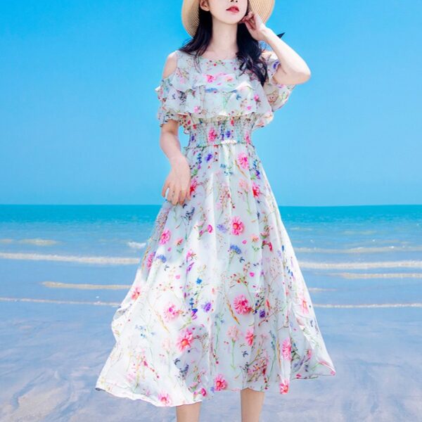 Summer French ruffled off-shoulder floral dress