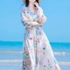 Three-quarter sleeves summer floral beach dress