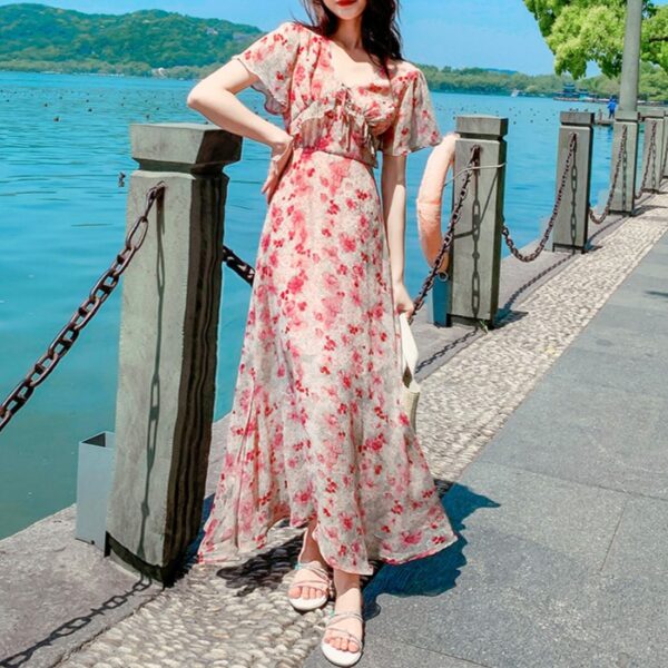 Sweet high-waisted short sleeve V-neck floral long dress