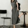 100 Cupro Silk Casual Loose Straight Hooded Dress 1