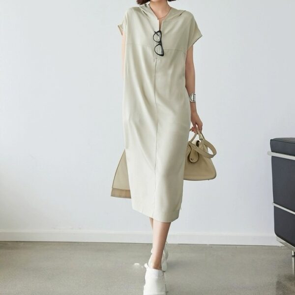 100 Cupro Silk Casual Loose Straight Hooded Dress 2 1