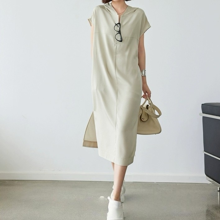 100% Cupro Silk Casual Loose Straight Hooded Dress (With Belt)