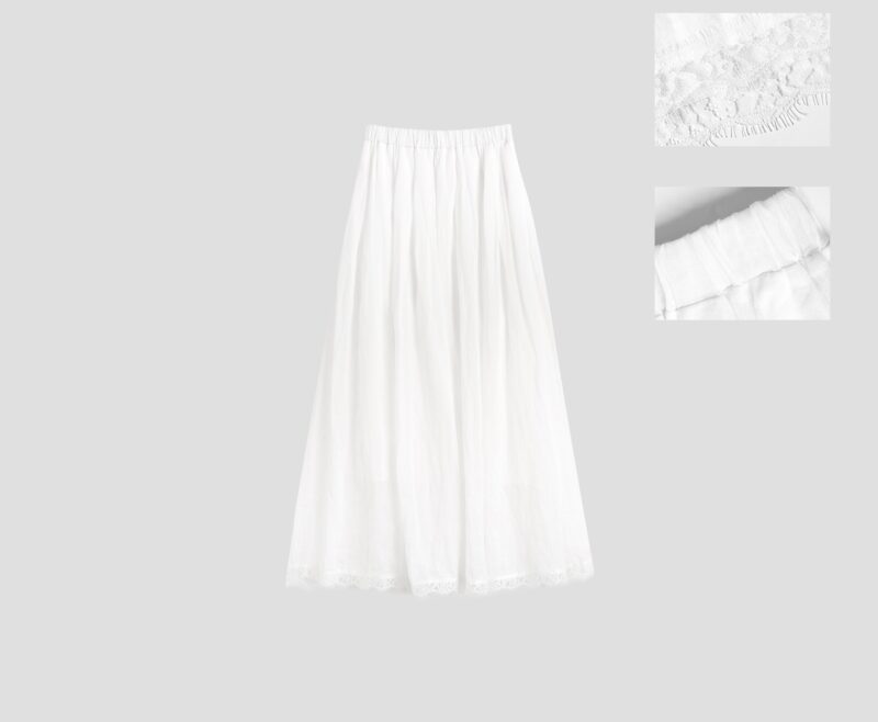 100 Ramie White Lace Elastic Waist Skirt 8