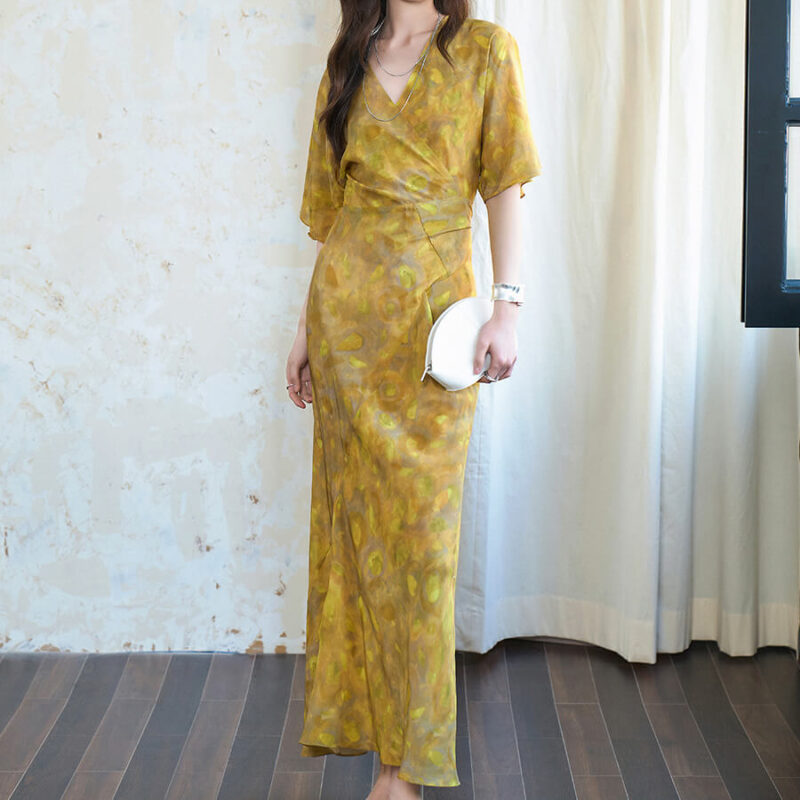 Summer Yellow Floral Silk Waist Slimming Dress